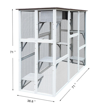 Miscoos Outdoor Wooden Cat Catio - Large Solid Wood Cat Cage Playpen with 8 Jumping Platforms & 2 Napping Houses, Walk-in Cat Kennel Condo Shelter, White