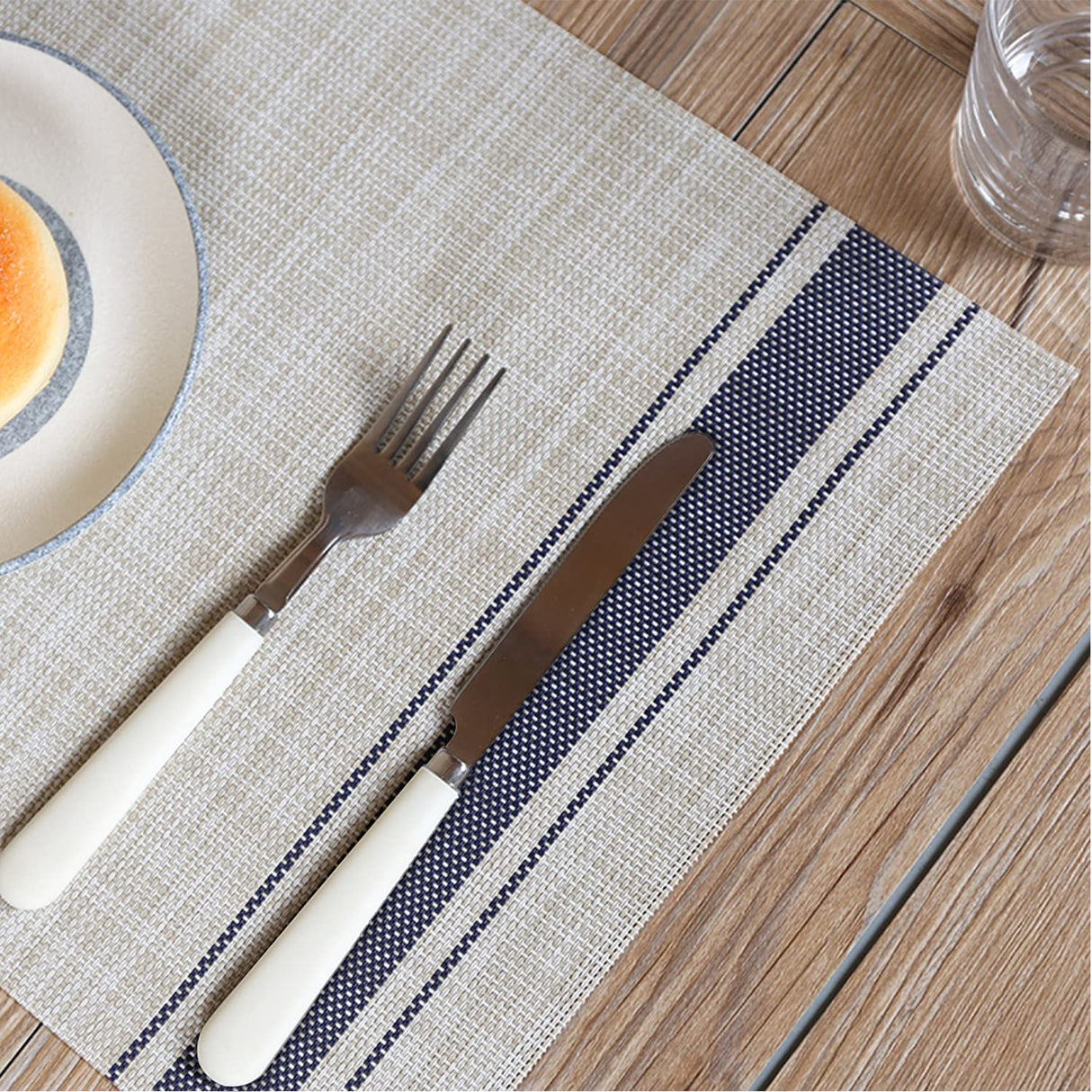 DACHUI Placemats Set of 6, Soft & Elegant Woven Vinyl Place Mats, Water Resistant, Heat Resistant, Washable, Durable Table Mats (Blue Stripes) DACHUI
