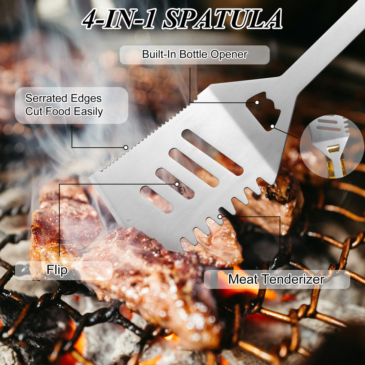 BBQ Accessories Grill Tools, Heavy Duty Grilling Accessories Barbecue Accessories Stainless Steel Grill Accessories with Spatula, Fork, Tongs and Gift-Box for Outdoor Grill, Home Grill (3PCS) HE-SANQI