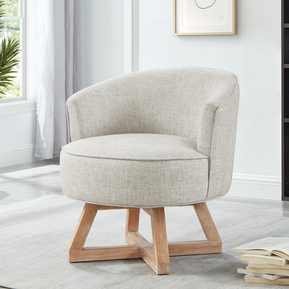 KEIKI Swivel Barrel Chair with Cross-Shaped Wooden Base,Linen Upholstered Lounge Accent Armchair, Small Single Sofa Seating for Bedroom, Office, Living Room, Light Gray KEIKI