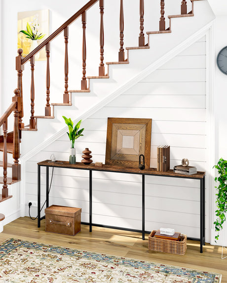 CHOEZON 70.9" Narrow Console Table with Power Outlet 7.1" Skinny Sofa Table, Long Behind Couch Table with Charging Station, Entryway Table for Hallway, Living Room Rustic Brown and Black TXG18UBF CHOEZON
