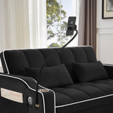 KEIKI 55" Velvet Convertible Loveseats Pull-Out Sleeper Sofa Bed with Adjsutable Back, 2 Arm Pocket, USB, 2-Seater Couch with Ashtray and Swivel Phone Stand, Easy Assembly, for Living Room, Black KEIKI