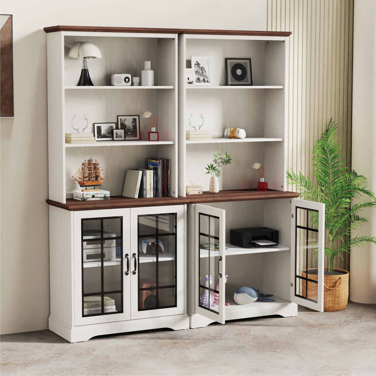 Bevfint 72" Tall Bookcase, White and Brown Design Large Floor Standing Bookshelf, 5 Tier Shelves with Door Storage Cabinet for Living Room Hallway Kitchen Home Office Bedroom, with Glass Door - 5 Tier Bevfint