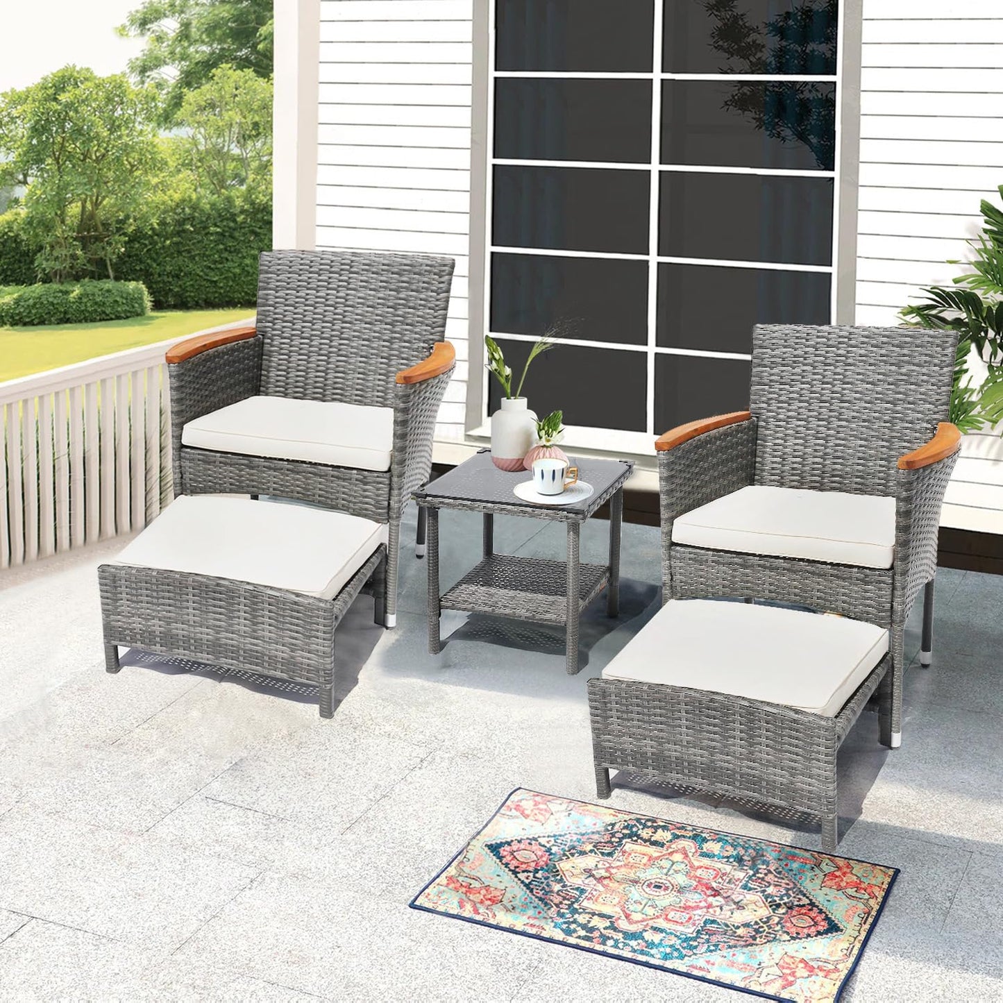 5 Piece Outdoor Patio Furniture Set with Table&Ottoman Outdoor Furniture Patio Set Bistro Wicker Patio Set of 2 Outside Lawn Chairs Conversation Sets for Porch Balcony Deck(Gray Wicker&Beige  - WoodArtSupply