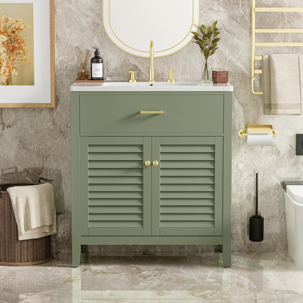 Merax 30" Bathroom Vanities with Sink Set, Modern Bathroom Integrated Sink Cabinet with Pull Down Drawer, Wood Stripes，Freestanding Bathroom Sink Cabinet (Green) Merax