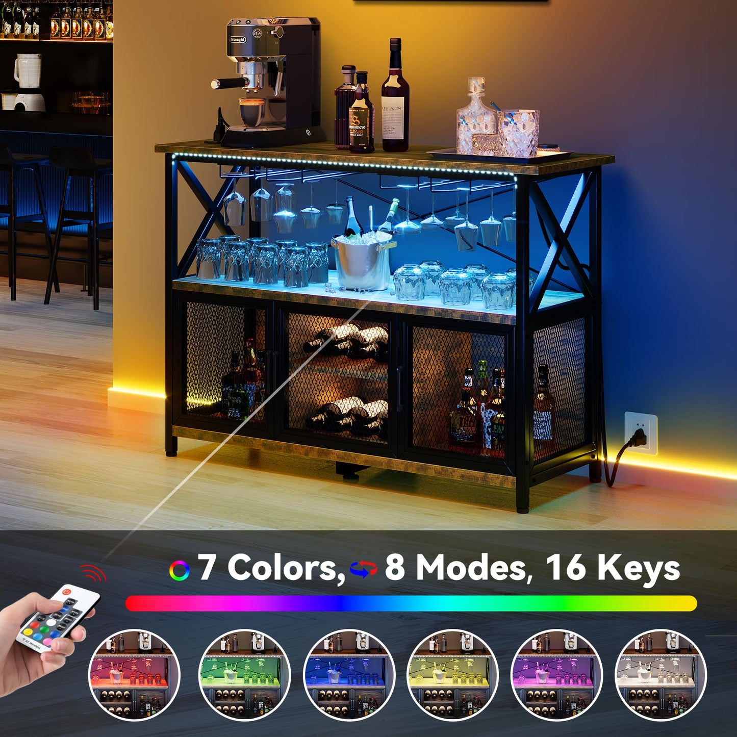 YITAHOME Industrial Wine Bar Cabinet with RGB LED Lights Power Outlets, 47" Rustic Home Bar Table with Wine Rack Storage Goblet Stand Liquor Cabinet Bar for Living Room Kitchen Dining Room