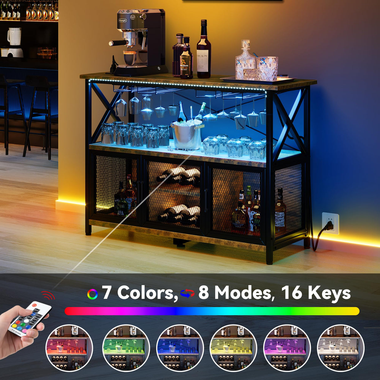 YITAHOME 47" Rustic Brown Wine Cabinet with LED Lights and Power Outlets YITAHOME