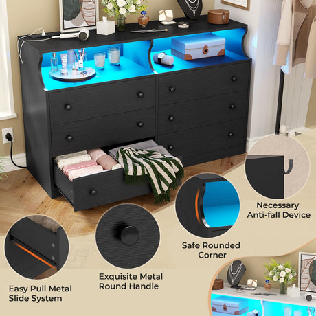 Hasuit 6 Drawer Dresser with LED Lights and Charging Station, Wide Chest of 6 Drawers with Open Space, Modern Large Capacity Storage Cabinet, Black Dresser for Bedroom, Living Room, Hallway Hasuit