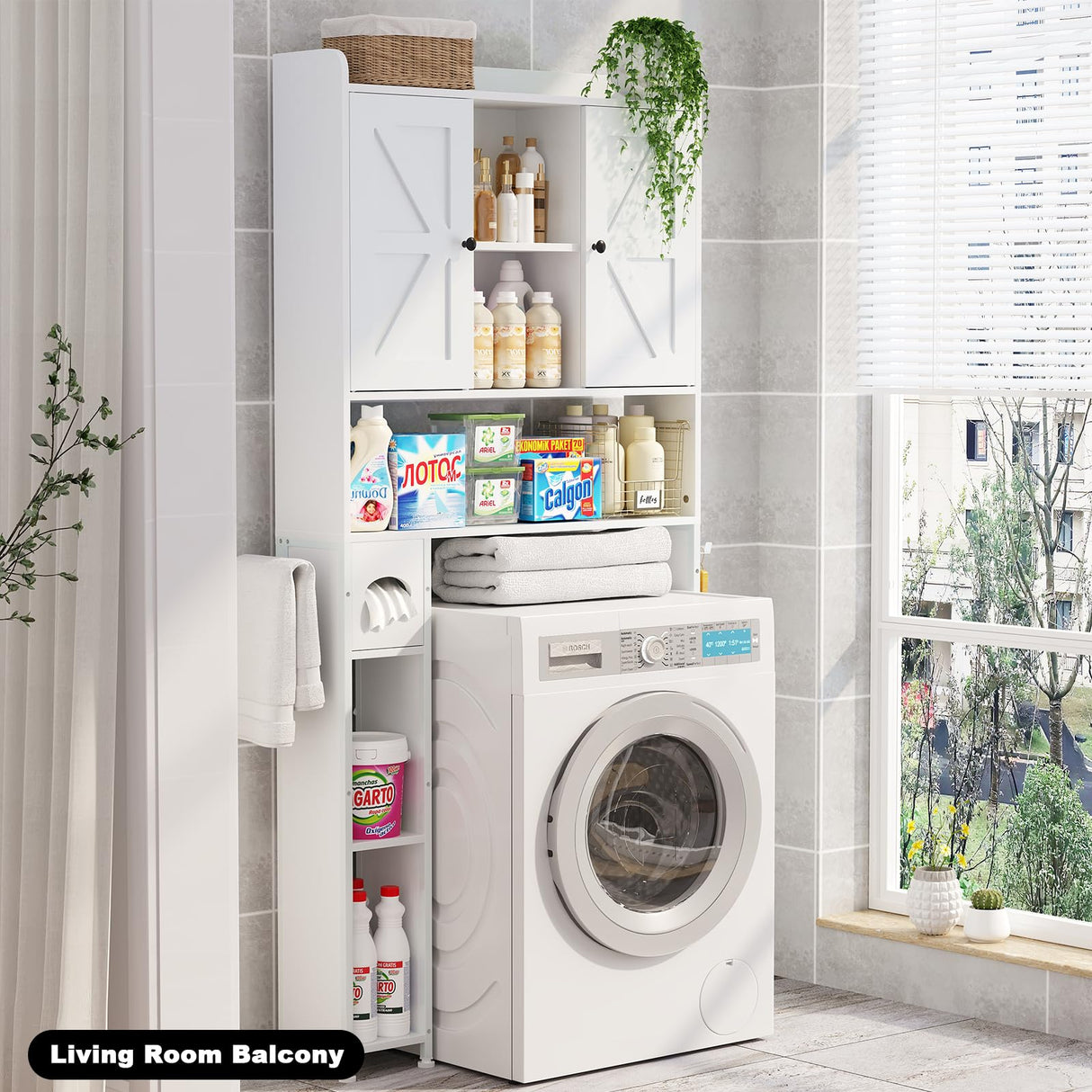 EasyCom Over The Toilet Storage Cabinet with Metal Frame and 7 Storage Shelves, Bathroom Organizer with Adjustable Shelves, Paper Holder and Racks, Farmhouse Storage Cabinet for Laundry, White EasyCom