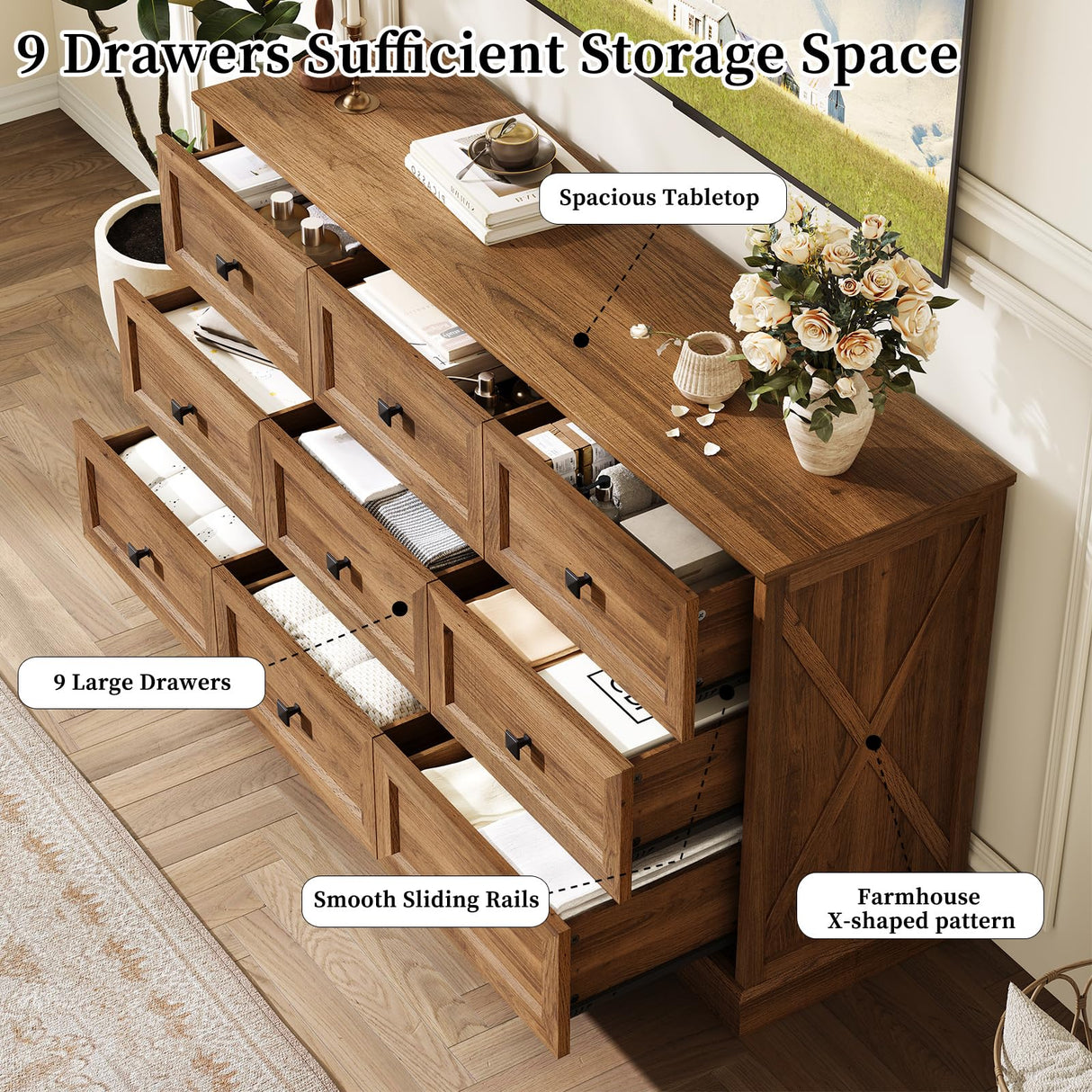 FFBCFDK Farmhouse 9 Drawers Dresser Chests for Bedroom, 9 Drawers TV Stand, Long Wood Dressers Organizer for Closet, Modern Storage Organizer Cabinet for Bedroom, Hallway & Entryway, Natural Oak FFBCFDK