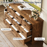 FFBCFDK Farmhouse 9 Drawers Dresser Chests for Bedroom, 9 Drawers TV Stand, Long Wood Dressers Organizer for Closet, Modern Storage Organizer Cabinet for Bedroom, Hallway & Entryway, Natural Oak FFBCFDK