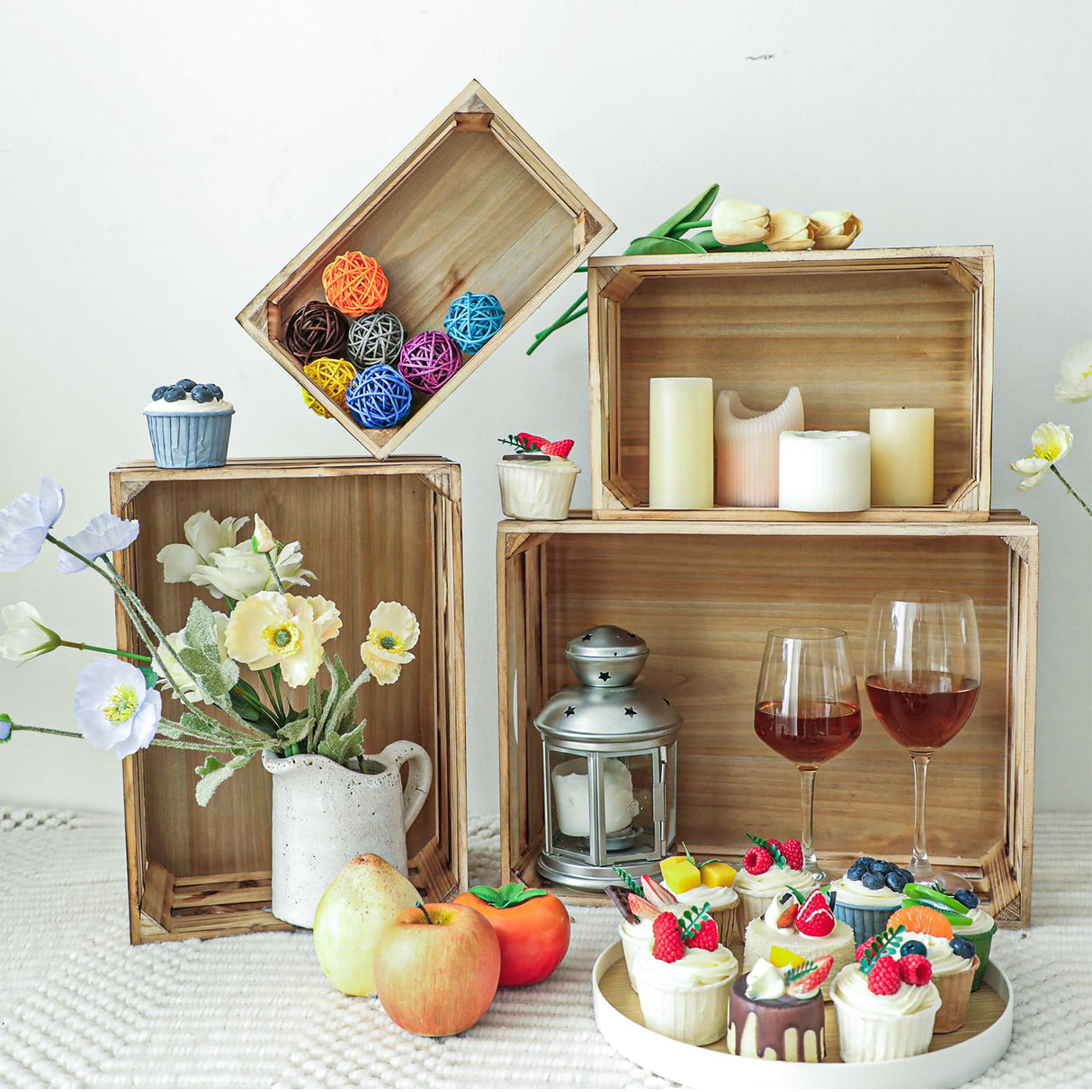 MACVAD Set of 4 Large Torched Wood Decorative Storage Crates, Nesting Wooden Crates for Display Rustic, Farmhouse Wooden Storage Container Boxes Made from 100% Wood MACVAD