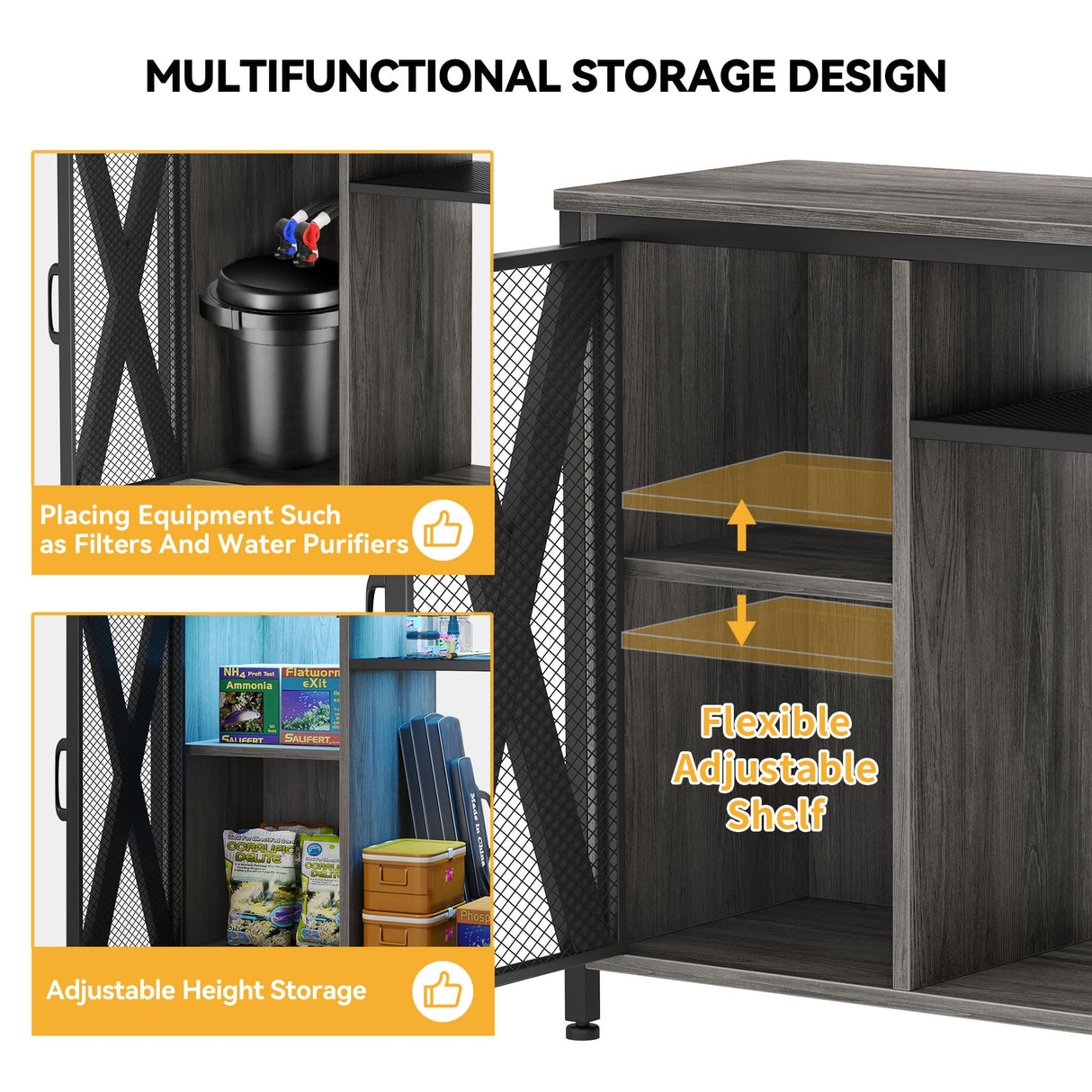 DWVO 40-50 Gallon Aquarium Stand with Power Outlets & LED Light, Cabinet for Fish Tank Accessories Storage - Metal Fish Tank Stand Suitable for Turtle Tank, Reptile Terrarium, 660LBS Capacity, Grey DWVO