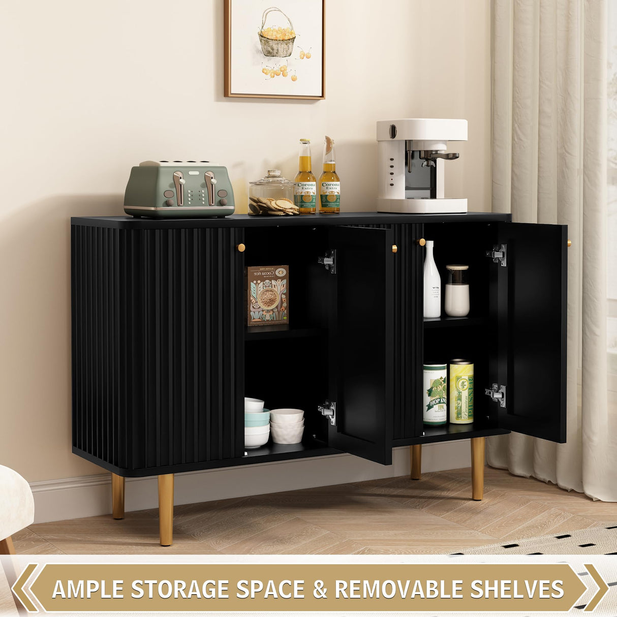 HLR Sideboard Buffet Cabinet, 48" Modern Accent Cabinet with 4 Door and Removable Shelves, Credenza Entryway Cabinet with Storage for Living Room, Dinning Room (Black) HLR