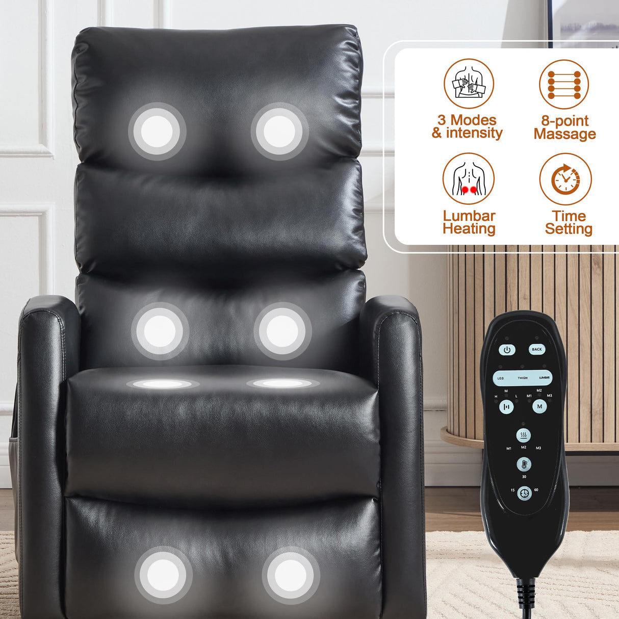 Manual Swivel Rocker Recliner Chair with Massage, Overstuffed Recliner Glider with Vibration Massage and Heat for Nursery, Living Room Reclining Sofa Chair, PU Leather Black Luxlen