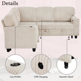 KEIKI 81" L-Shaped Oversized Corduroy Modular Sectional Sleeper Sofa with Pull-Out Bed, Storage Seat, Modern 5-Seater Upholstered Couch Bed with Charging Station, Easy Assembly, for Living Room, Beige KEIKI