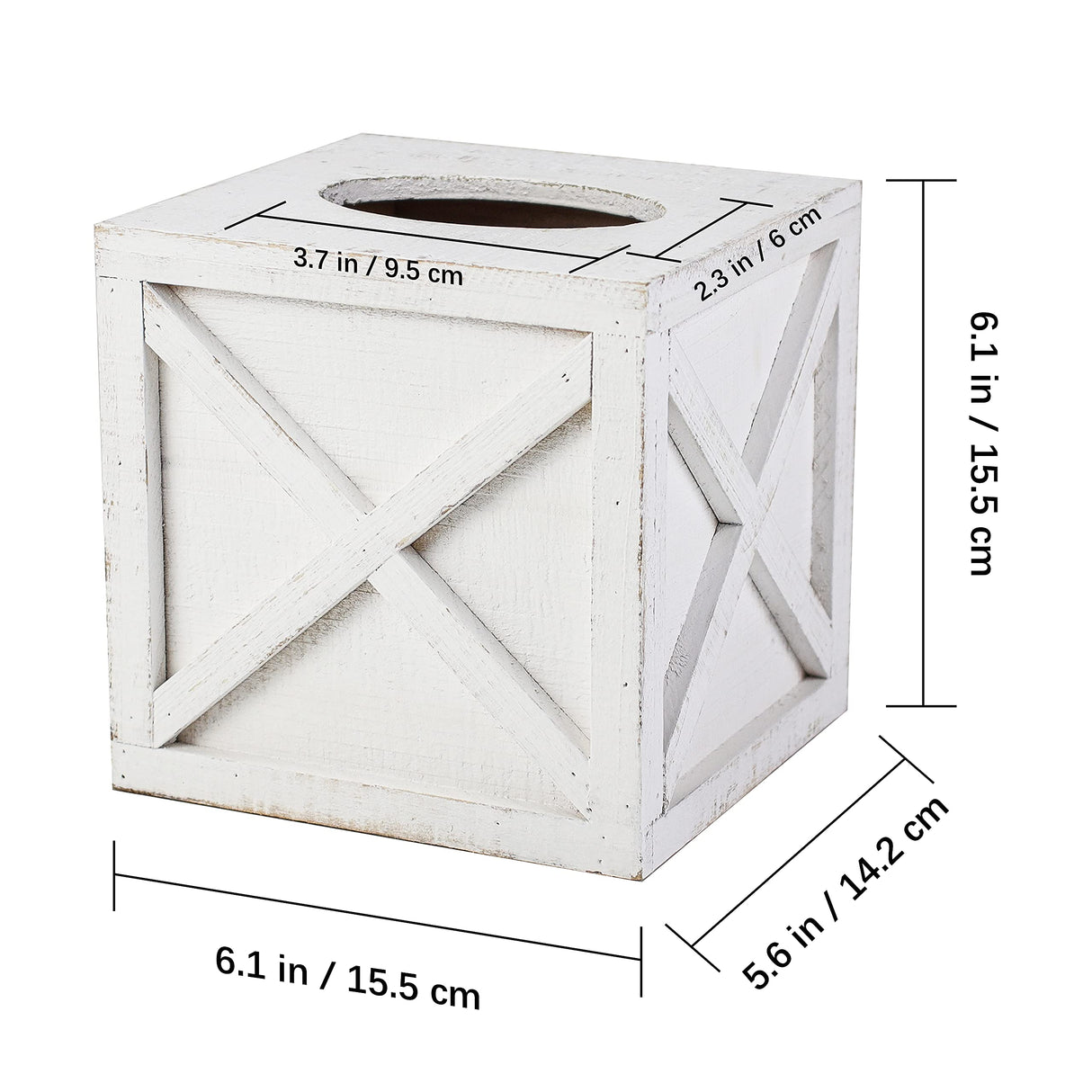 Karisky Farmhouse Square Tissue Box Cover with Slide-Out Bottom Panel, Wood Rustic Paper Facial Tissue Box Cover Holder for Bathroom, Bedroom, Night Stands, Office, 6 x 6 inch, White Karisky