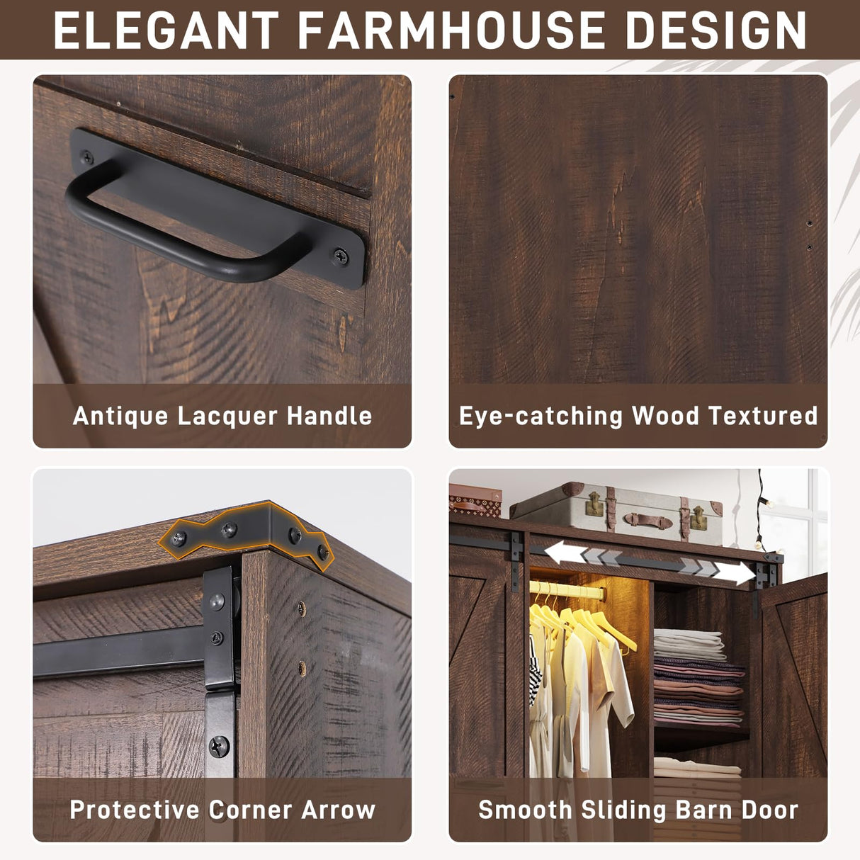 Farmhouse 4 Doors Armoire Wardrobe Closet w/Folding Sliding Barn Door and Lights, LED Armoire Closet w/Drawers for Bedroom, Freestanding Wooden Wardrobe Storage Closets w/Hanging Rod,Rustic Brown jiteentarou