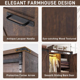 Farmhouse 4 Doors Armoire Wardrobe Closet w/Folding Sliding Barn Door and Lights, LED Armoire Closet w/Drawers for Bedroom, Freestanding Wooden Wardrobe Storage Closets w/Hanging Rod,Rustic Brown jiteentarou