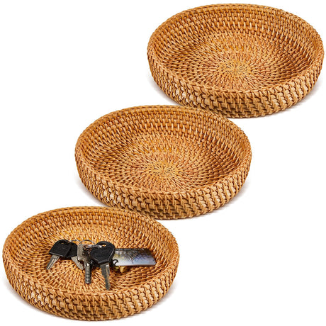Hushee 3 Pcs Small Round Keys Basket for Entryway Woven Bowl Basket Rattan Wicker Round Tray Organizing for Keys Wallet Cell Phone Tabletop Serving Fruit Food Holder Decorative Table Storage Hushee