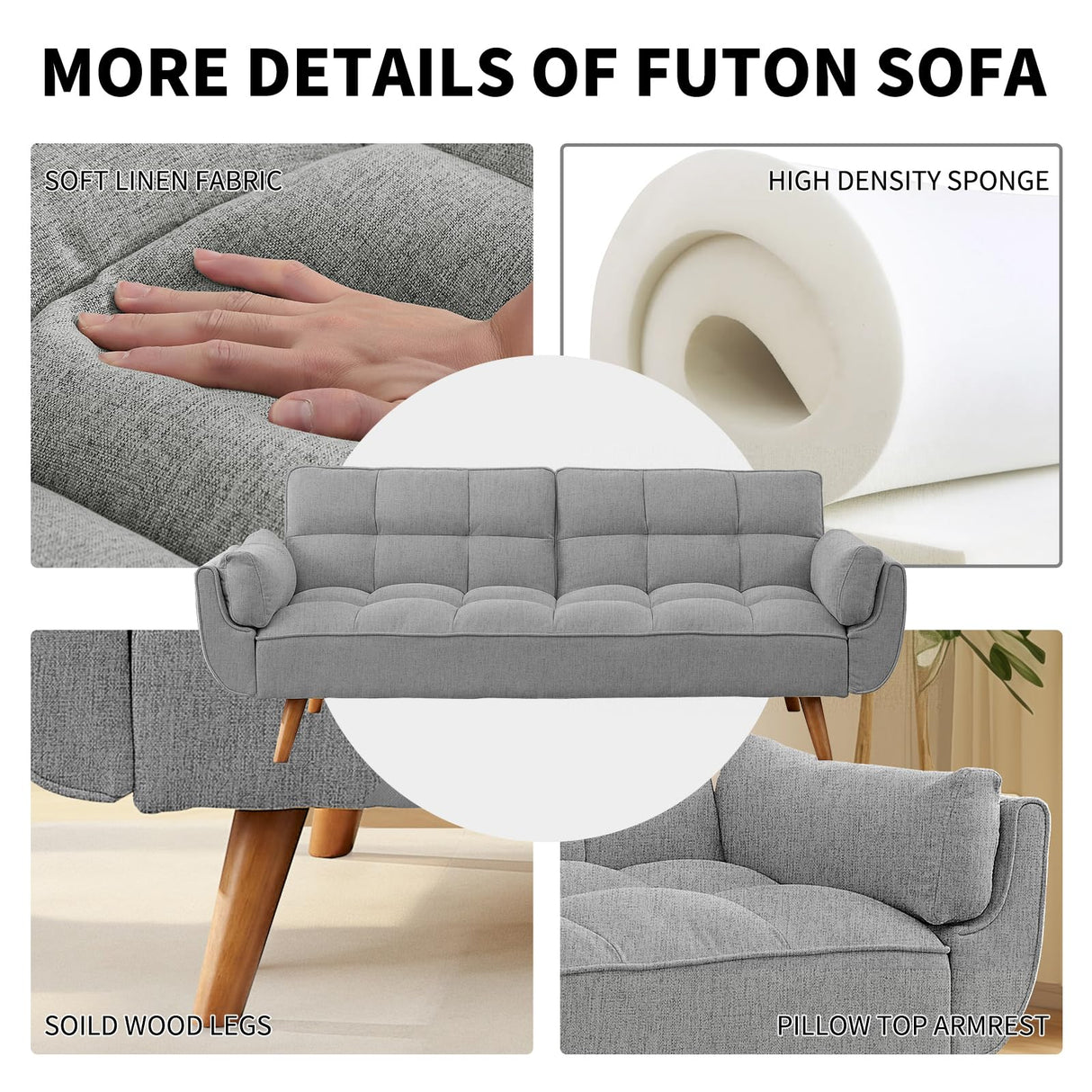 Homies Life Convertible Futon Sofa Bed, Linen Sleeper Couch, 75" W Modern 3 Seater Tufted Sofa with Adjustable Backrests and Solid Wood Legs for Living Room, Bedroom, Small Space, Gray Homies Life