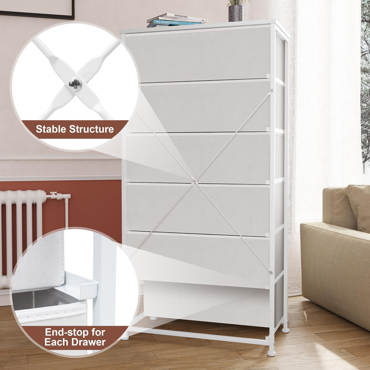 Crestlive Products Dresser for Bedroom with 6 Drawers, Tall Chest of Drawers, White Dressers Bedroom Furniture, Storage Organizer Unit with Bins for Closet, Hallway, Living Room, Entryway Crestlive Products