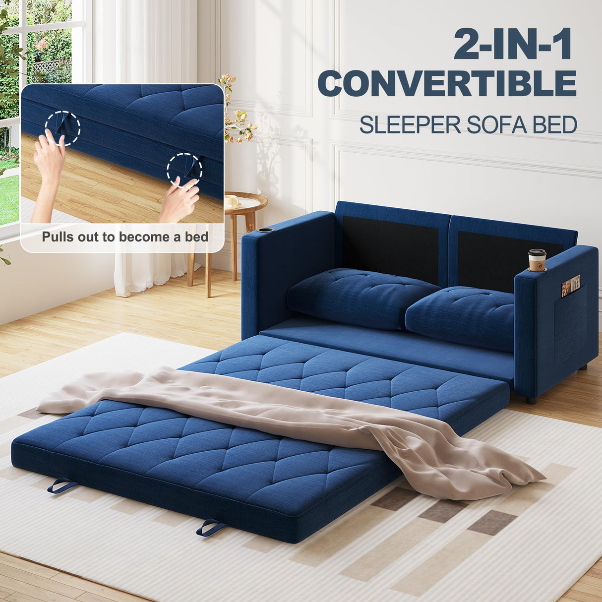 Lvifur 3-in-1 Loveseat Sleeper Sofa, Pull Out Sleeper Couch Full Size, Foldable Futon Sofa Bed for Small Space, Convertible Floor Couch with Side Pockets for Living Room (Blue) Lvifur