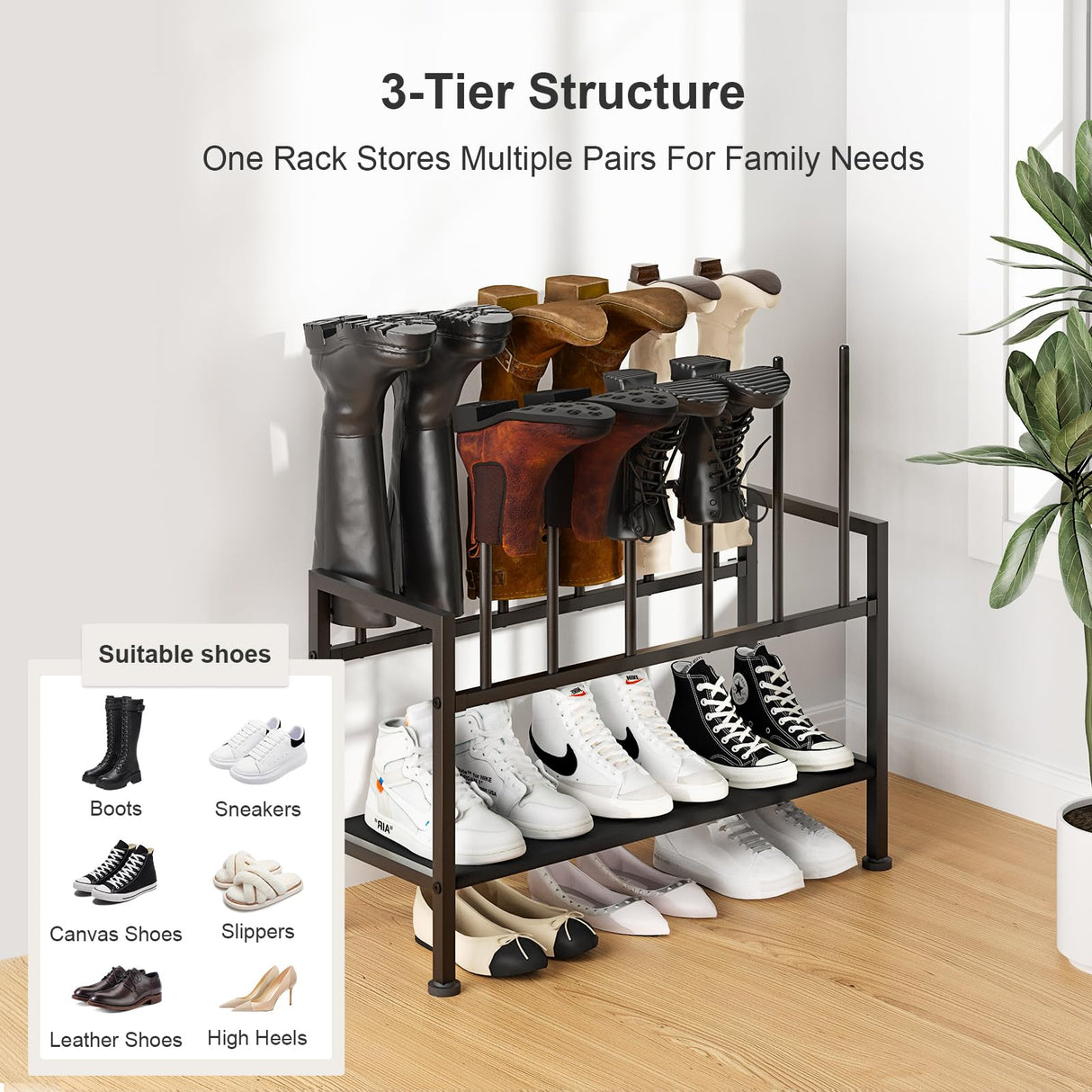 DIMJ Free Standing Shoe Racks - 3-Tier Boot Rack, Black Metal Storage Organizer for Tall Boots, Sneakers, Closet Organizer, Multiuse Shoe Rack, Fits 6 Pairs DIMJ