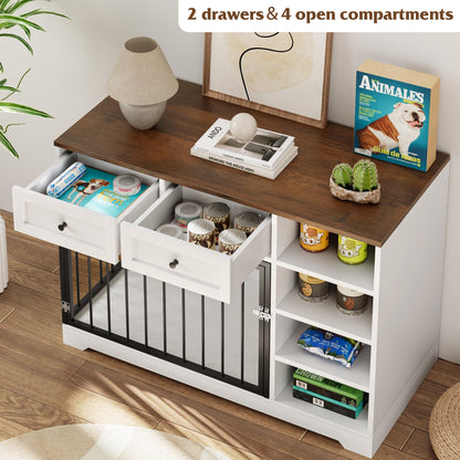 IDEALHOUSE Large Dog Crate Furniture, 47” Dog Crate with 2 Drawers and 4 Shelves, Heavy Duty Wooden Dog Crate, Decorative Dog Indoor Kennel Furniture Indoor with Storage, White - WoodArtSupply