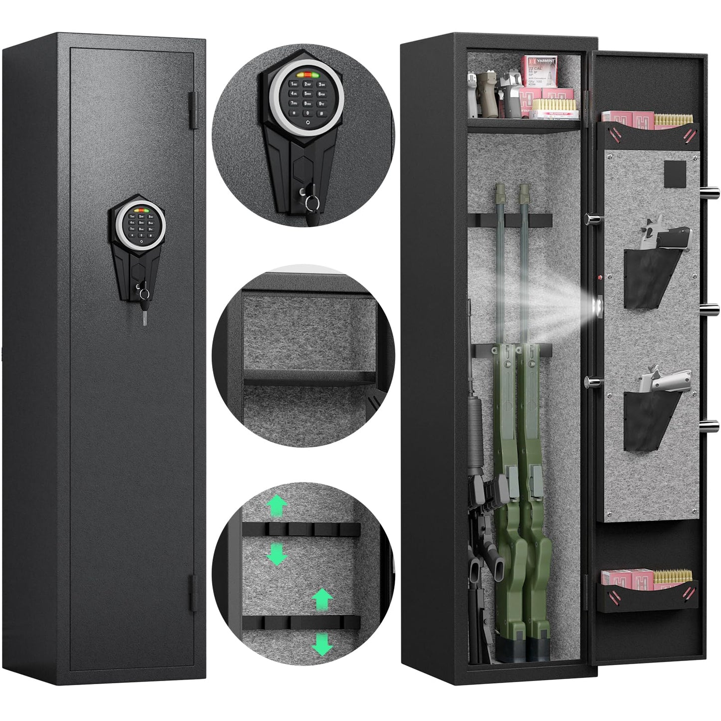 Omethey 3-5 Gun Safe for Rifles and Pistols, Quick Access Rifle Gun Safe with Silent Mode and Alarm System, Gun Cabinet with Removable Shelf and 2 Adjustable Gun Slots