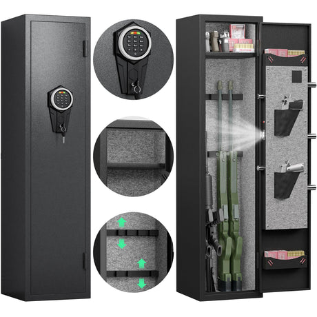 Omethey 3-5 Gun Safe for Rifles and Pistols, Quick Access Rifle Gun Safe with Silent Mode and Alarm System, Gun Cabinet with Removable Shelf and 2 Adjustable Gun Slots Omethey