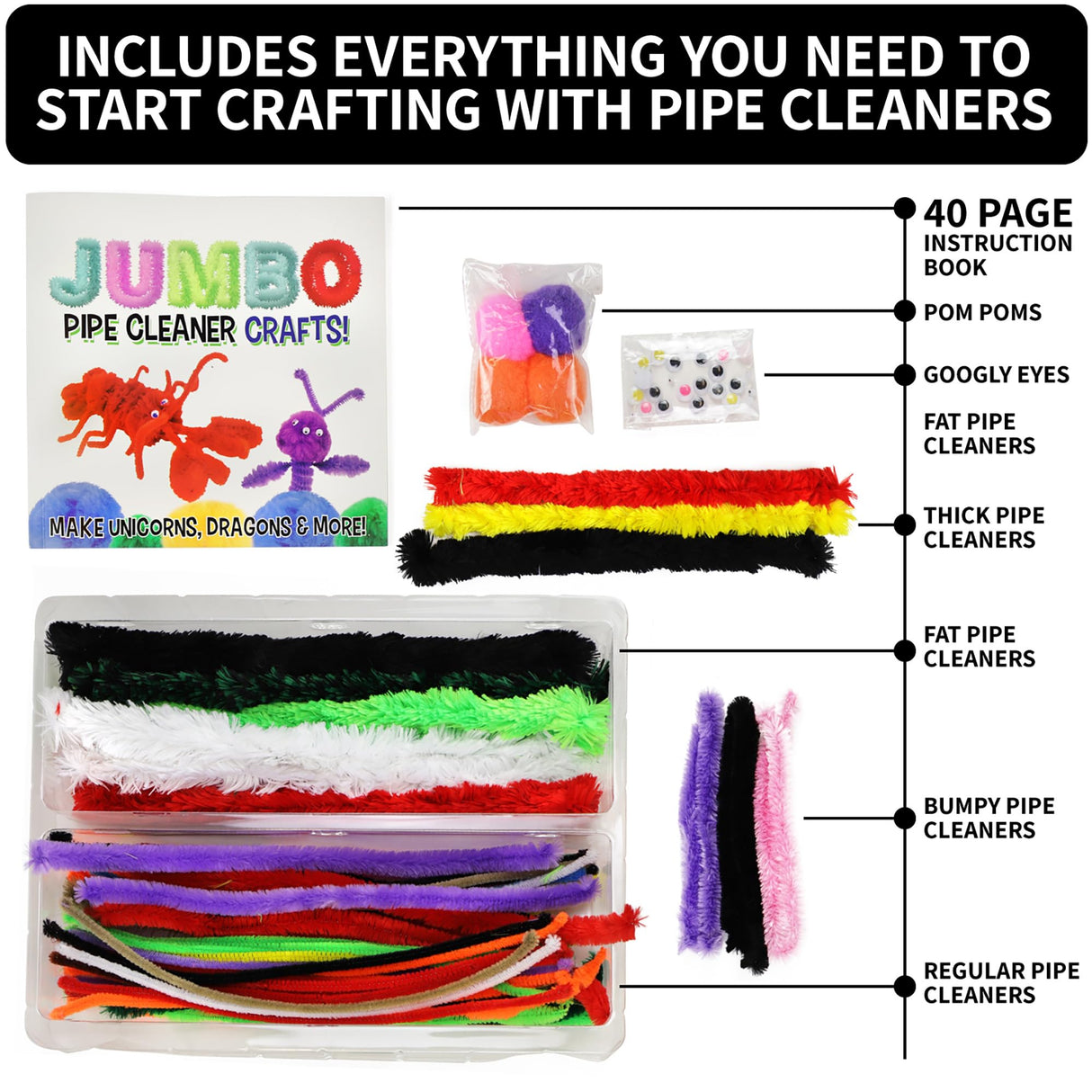 Make & Play: Jumbo Pipe Cleaner Crafts - 15 Projects to Create, Make Fuzzy & Fun Creatures & Animals, DIY Art & Crafts Activity Kit, Kids Ages 8+ SpiceBox