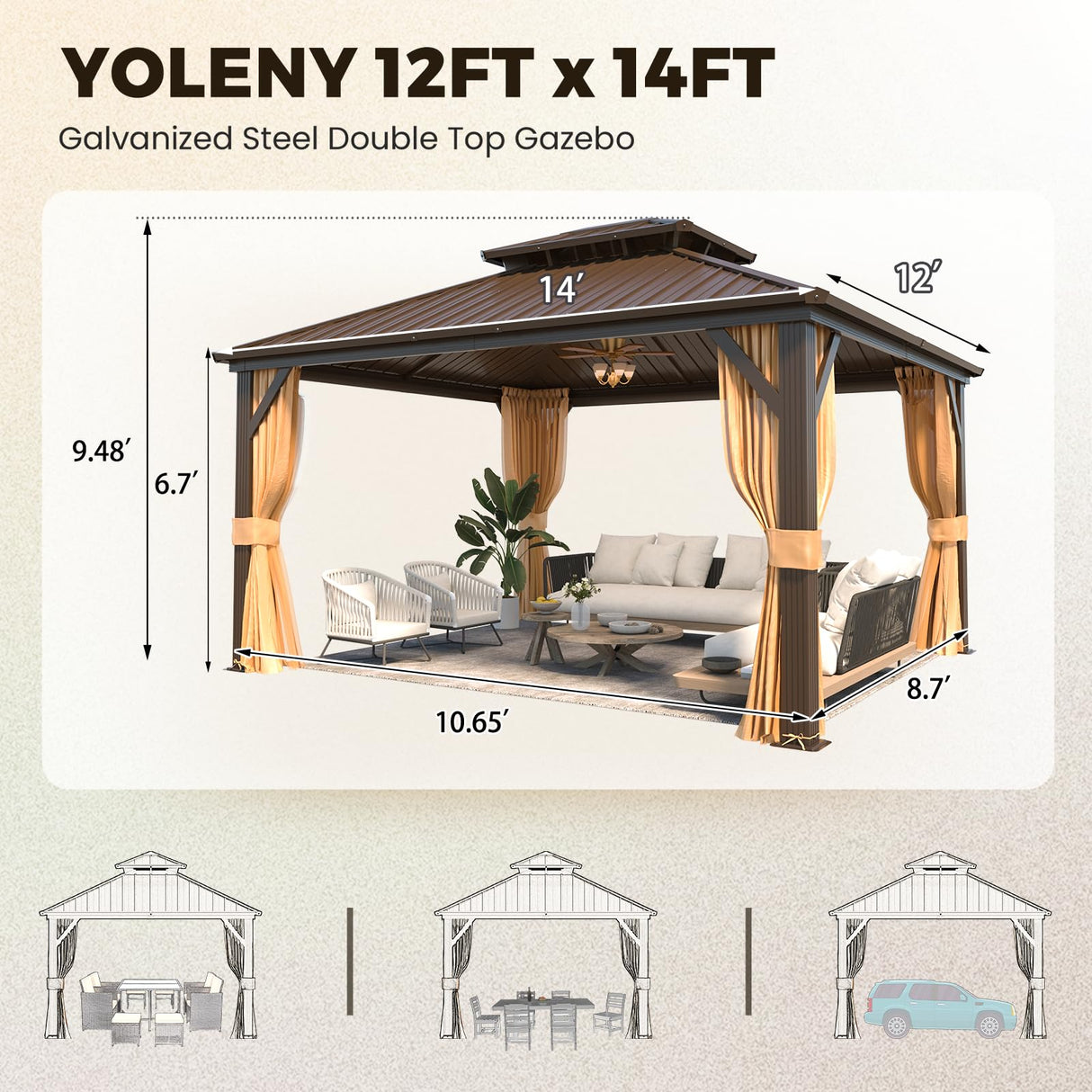 YOLENY 12' x 14' Gazebo Hardtop with Aluminum Frame,Galvanized Steel Double Roof Gazebos with Curtain and Netting,Outdoor Metal Pergolas for Garden, Lawn, Deck, Brown YOLENY