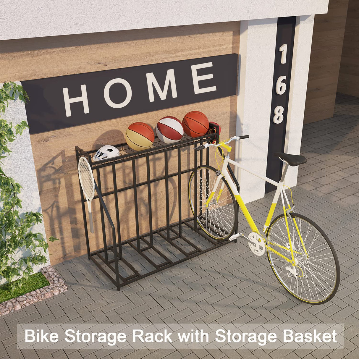 YiLifebes Stand Bike Racks for Garage, 4 Bike Stand Rack with Storage Basket, Metal Floor Bike Parking, Garage Organizer Suitable for Mountain, Hybrid, Adult and Kids Bikes YiLifebes