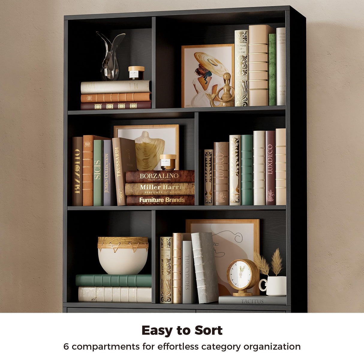 IRONCK Bookshelf with Drawers, 70.9 inch Tall Bookcase with Doors, Bookshelves and Bookcases with Storage, Bookshelf with 6 Open Cubes for Home Office, Living Room, Study, Black IRONCK