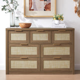 OAKHAM HOME 7 Drawers Dresser, Rattan Dresser TV Stand for Bedroom Closet, Wood Chests of Drawers with Metal Handle and Wide Drawers, 52.76" W x 17.71" D x 31.69" H OAKHAM HOME