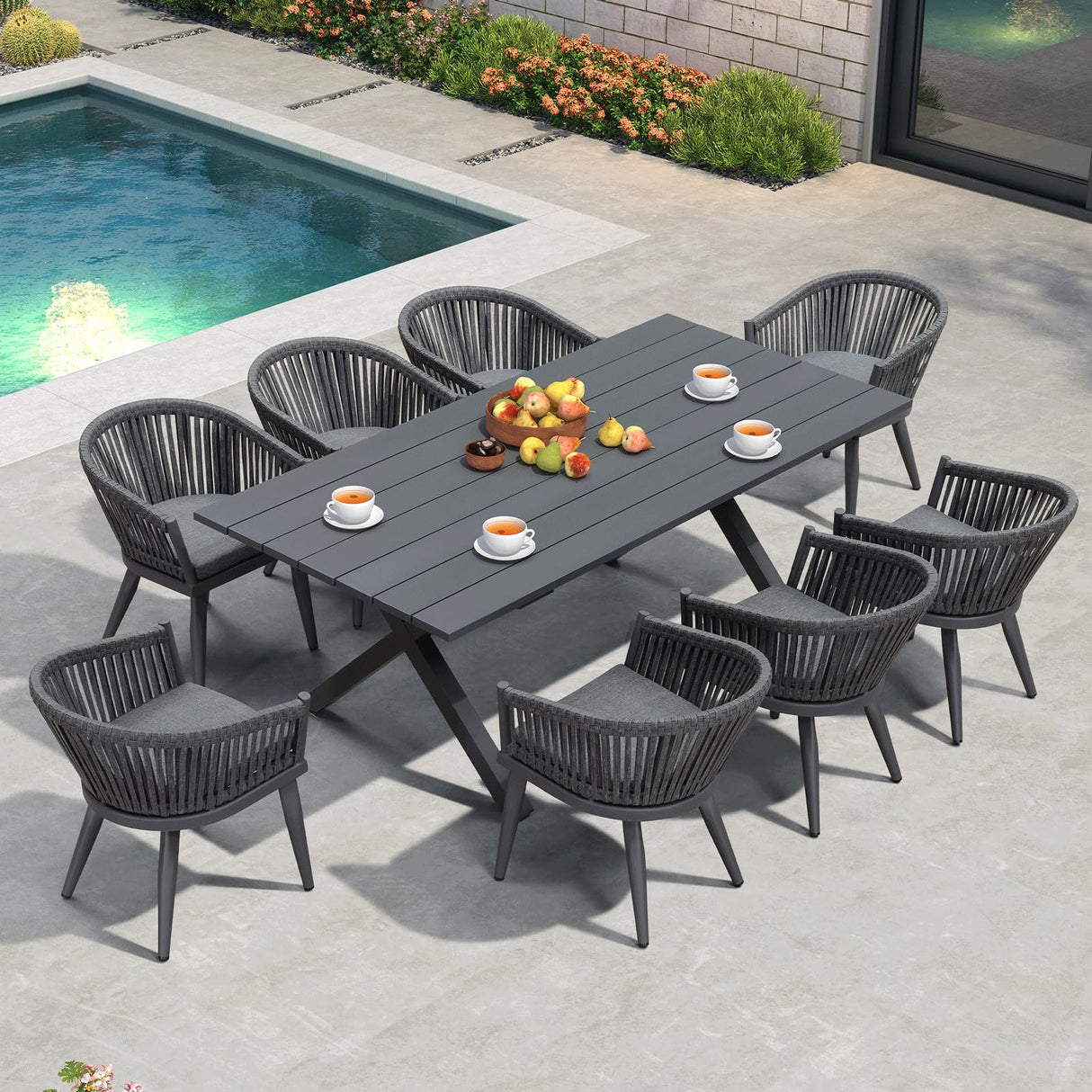 PURPLE LEAF 9 Pieces Outdoor Dining Set with Patio Aluminium Dining Table and Wicker Rattan Chairs Modern Furniture Cushions Sets for Backyard Indoor Decor Kitchen Grey PURPLE LEAF