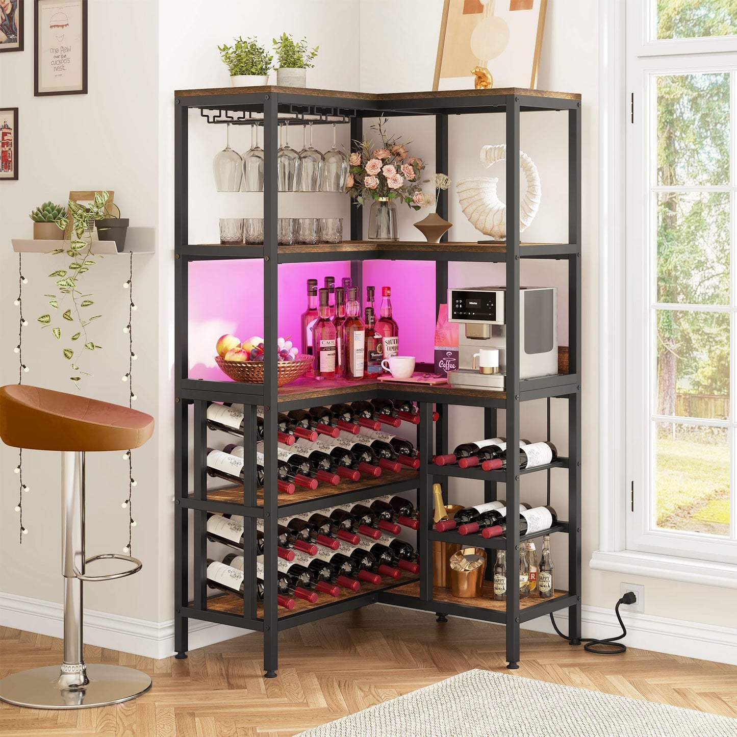 YITAHOME Corner Bar Cabinet, Industrial Wine Cabinet w/Power Outlet ＆ LED Light, 5-Tier L Shaped Liquor Cabinet Bar Unit for Home w/Glass Holder, Corner Open Display Cabinet for Home, Rustic Brown