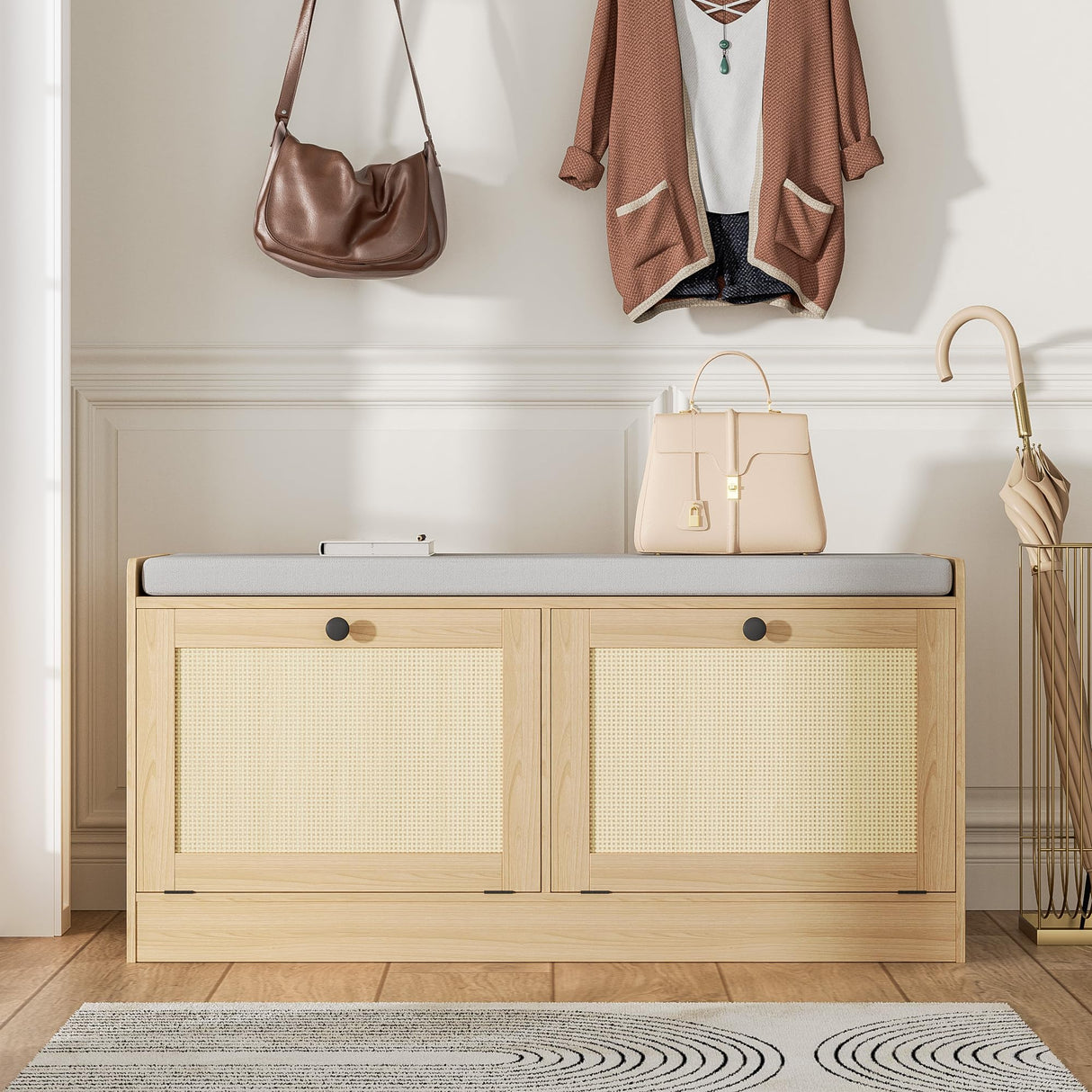 MHOM Rattan Shoe Bench for Entryway, Hallway and Bedroom - Boho Bench With Storage Cabinets and Seat Cushion - Wooden Storage Bench Fits up to Size 16 - Natural Oak MHOM