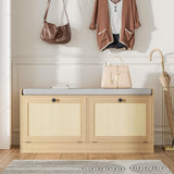 MHOM Rattan Shoe Bench for Entryway, Hallway and Bedroom - Boho Bench With Storage Cabinets and Seat Cushion - Wooden Storage Bench Fits up to Size 16 - Natural Oak MHOM