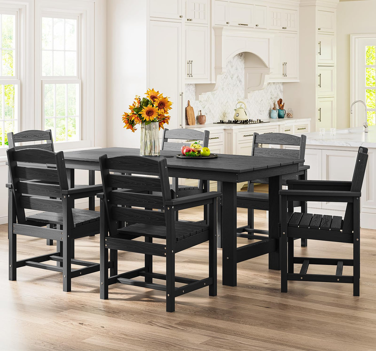 SERWALL 7-Piece Patio Dining Table Sets, Outdoor HDPE Dining Furniture Set with Umbrella Hole Cut-Out Table and 6 Chairs, Black SERWALL