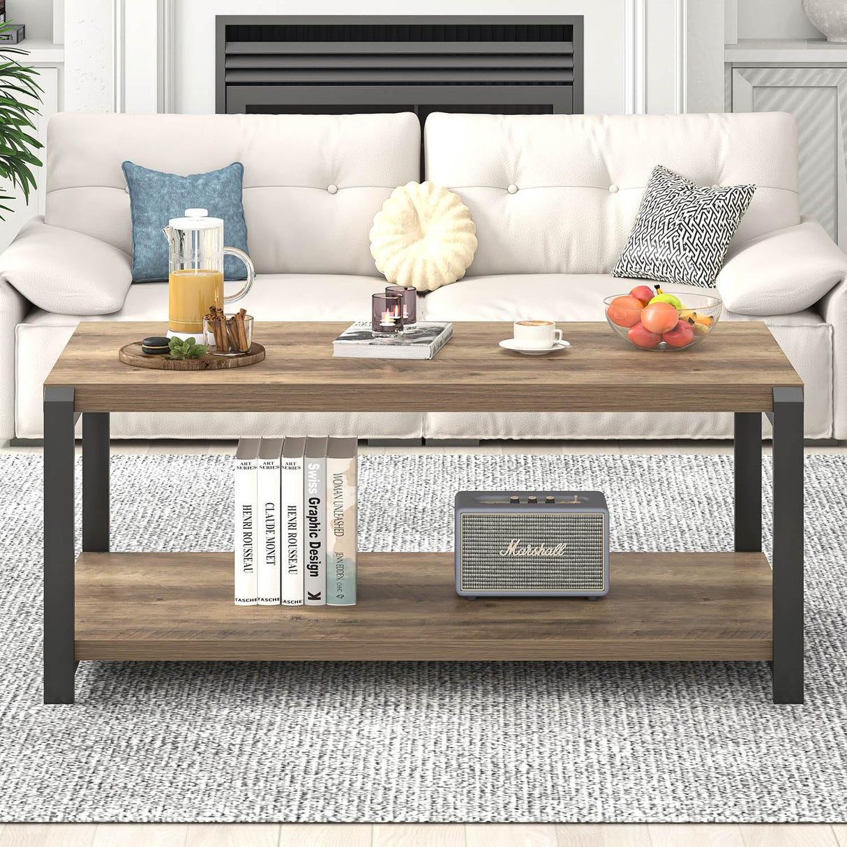 EXCEFUR Modern Coffee Table, Rustic Wood and Metal Center Table for Living Room, Industrial Rectangle Cocktail Tea Table with Storage, Oak EXCEFUR