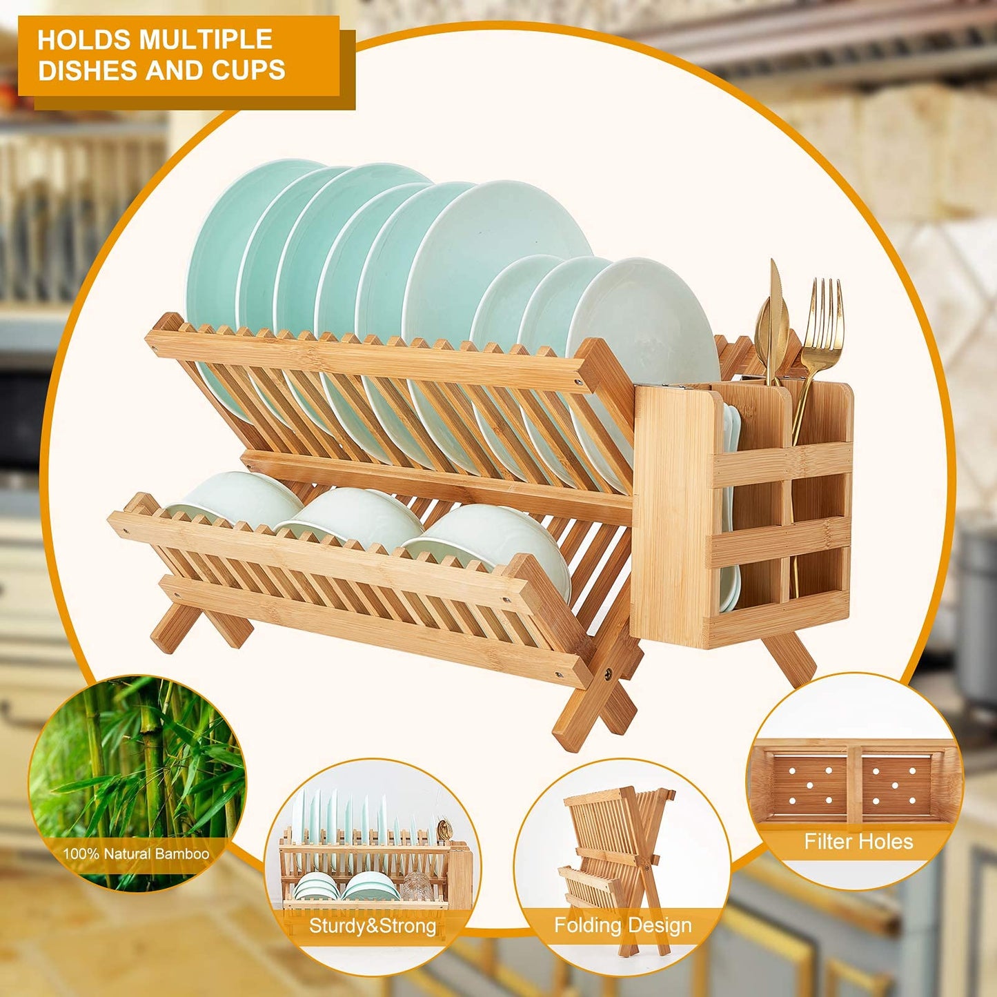 Worthyeah Bamboo Dish Drying Rack, 2 Tier Collapsible Dish Rack with Utensil Holder, Wooden Dish Drying Rack for Kitchen Counter, Large Folding Drying Holder, Dish Drainer