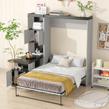 FAVSH Full Size Murphy Bed Built-in Desk,Solid Wood Wall Bed with Storage Shelves and Cabinets,Space-Saving Hidden Bed, Fold-The-Way Bed,Black+White FAVSH