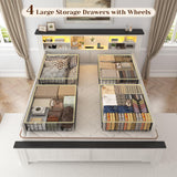 EnHomee Queen Bed Frame with Headboard and Storage, 4 Drawers and LED Built in Charging Station Bed Frame Queen Size with Storage Farmhouse, NO Noise,No Box Spring Needed, White EnHomee