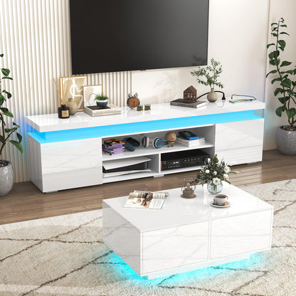 LED TV Stand for 95 Inch TV, Modern Gaming TV Stand with Power Outlet, High Gloss TV Console Entertainment Center with Storage for Living Room, Bedroom (83 Inch,White)