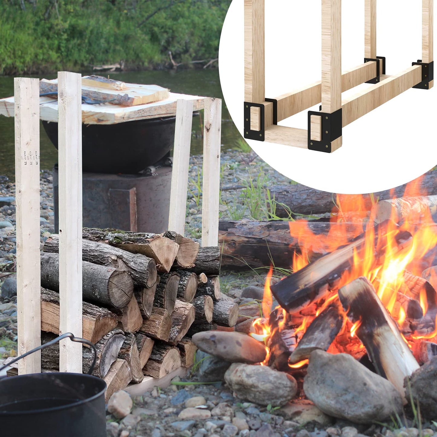 Zhitaoxun 4 Pack Firewood Log Storage Rack Bracket,Indoor Outdoor Adjustable Heavy Duty Powder Coated Steel Holder,Fireplace Wood Storage, Log Holder - WoodArtSupply