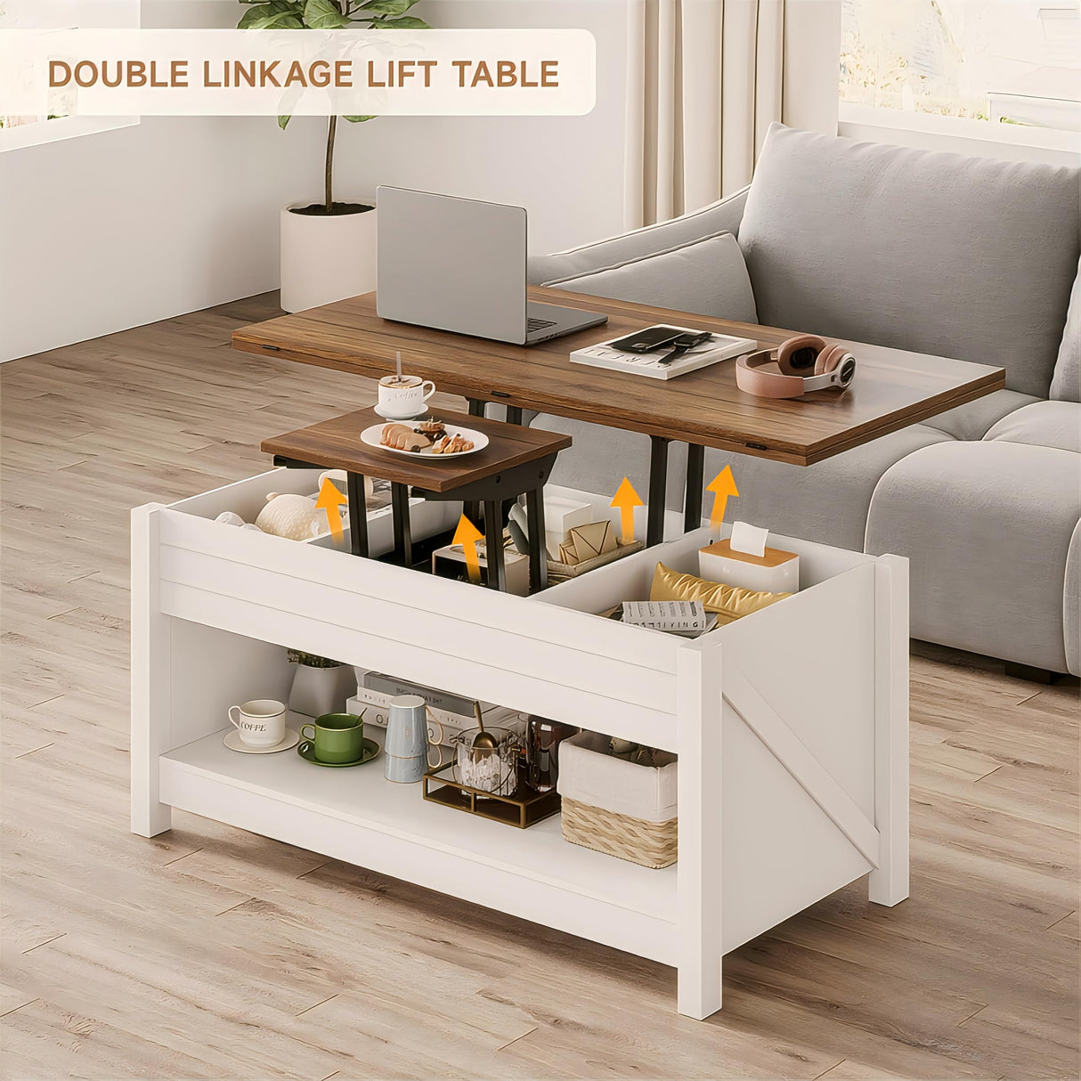 ONBRILL Lift Top Coffee Table, 3 in 1 Multi-Functional Coffee Table with Storage and Hidden Compartments, Farmhouse Rectangular Convertible Coffee Table to Dining Table for Living Room, White ONBRILL