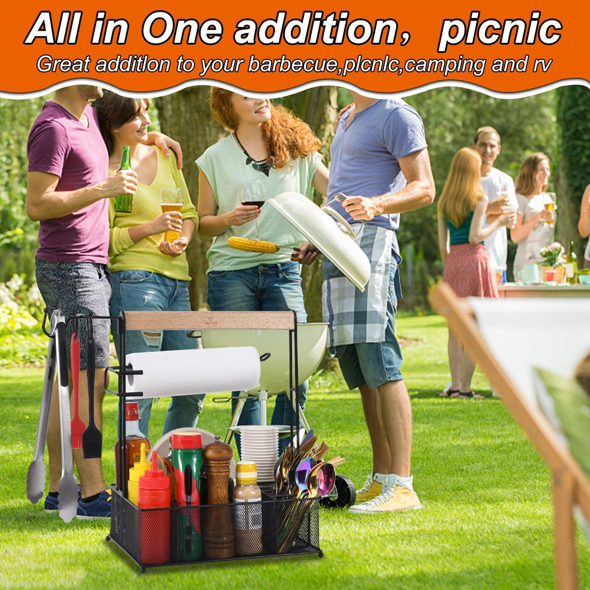 VIKEYHOME Grill Caddy, Picnic BBQ Organizer for Camping Outdoor Mesh Basket with 3 Hanging Hooks and Paper Towel Holder, Ideal Table Storage Tools for RV Camper/Tailgating/Flatware VIKEYHOME