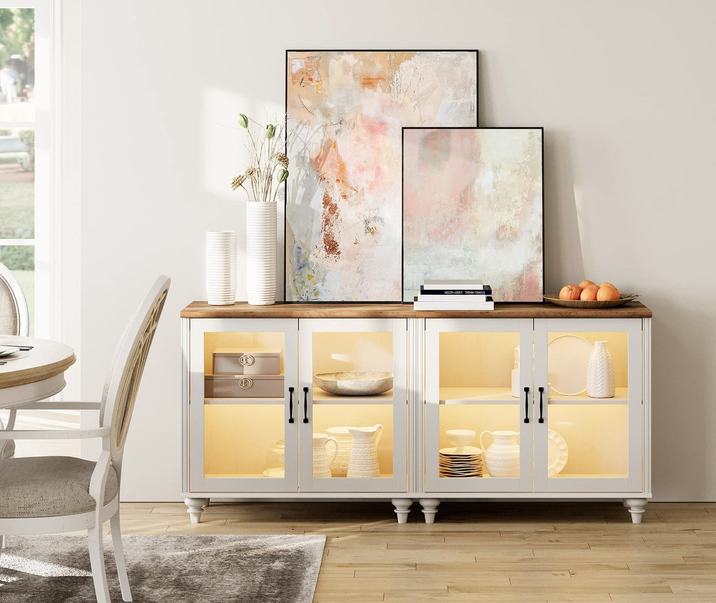 WAMPAT Sideboard Buffet Cabinet, Modern Wood Glass Buffet Sideboard with Storage, Accent Console Table Credenza with Doors for Kitchen, Dinning Room, Living Room, Hallway, White 68 inch - WoodArtSupply